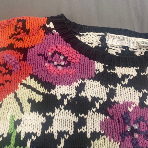 Vintage 80s Principles Petite Cotton Sweater Black & White Floral Medium - Picture 8 of 16